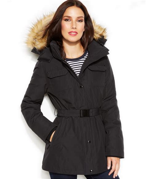 michael michael kors faux fur trim hooded belted puffer coat|Michael Kors insulated jacket.